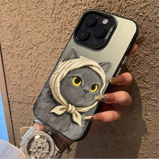 Khăn trùm đầu Mèo xám nhỏ dễ thương Thích hợp cho iPhone 17 Pro 16 ProMax XSMax 8plus 13 Pro 15 XR 11 Pro Max 12 ProMax 14 17 ProMax Ốp điện thoại di động chống sốc viền mềm mờ
