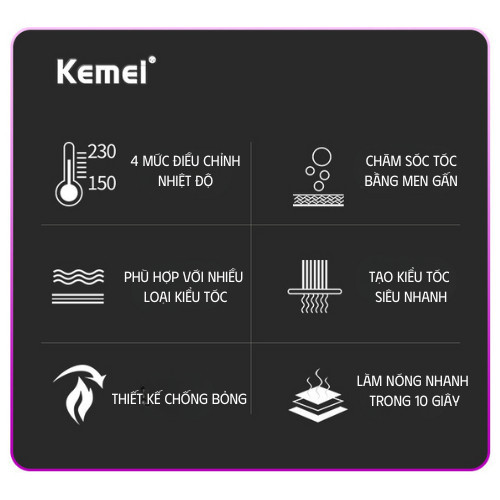 Máy duỗi, ép tóc Kemei 4 mức nhiệt làm nóng nhanh, duỗi thẳng mượt tự nhiên mà không làm hư tổn tóc