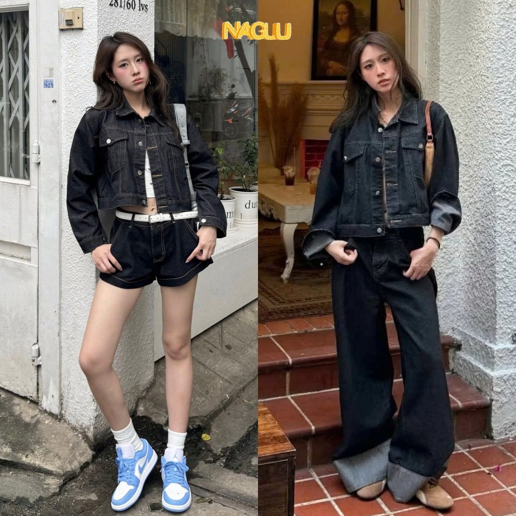 Quần/ Áo Khoác Jean Dáng Lửng Unisex NAGUU Màu Đen Xám Dày Đẹp, Áo Khoác Bò Ngắn Cá Tính Chất Denim