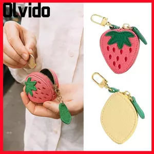 Ví mặt dây chuyền OLVIDO, Ví đựng tiền xu trái cây hình quả chanh dâu, dây kéo di động bằng da PU Túi đựng tai nghe Phụ kiện