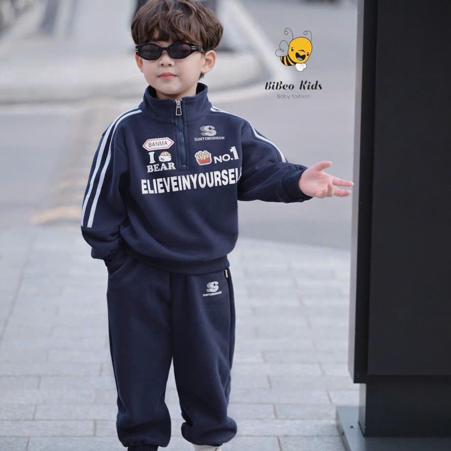 [BiBeo Kids] Bộ quần áo NỈ CỔ ĐỨNG KÉO KHÓA NO.1 cho bé trai , Bộ quần áo NỈ 2 DA mềm thoải mái cho bé