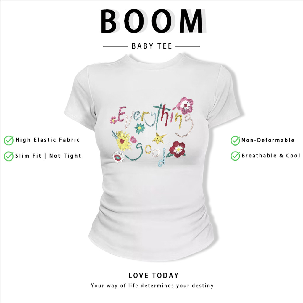 BOOM Áo Baby Tee Nữ Cotton Ôm Body-Áo Thun Ngắn Tay Y2K In Hình PhongCách Mùa Hè, Cổ Tròn Hàng Đầucách hàn quốc phongC47