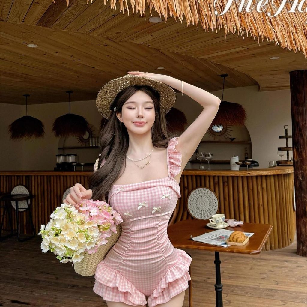 Đồ Bơi Nữ 1 Mảnh Kẻ CaRo Gingham Dễ Thương Áo Tắm Liền Thân Giấu Bụng Phối Nơ Rút Eo Tôn Dáng JUM CARO BÈO XANH VÀNG