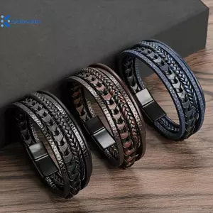 Kudosation Hợp Thời Trang Nam Phụ Kiện Hợp Kim Từ Bule Nhiều Lớp Retro Dây Da Bện Vòng Tay Vòng Tay Thời Trang Đầm Đẹp