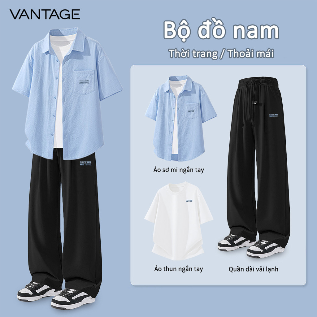 VANTAGE bộ sơ mi mùa hè nhẹ áo thun hạ nhiệt quần suông trẻ trung năng động nam (BCS + NNS + BZK)