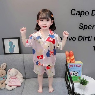 Bộ quần áo cộc tay pijama lụa thoáng mát cho bé gái từ 9-33kg