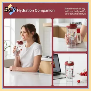 Bình nước ống hút đôi B & N Cute Cherry 580Ml dành cho học sinh Cốc chống rò rỉ bằng nhựa dành cho trường học Sự kiện thể thao sử dụng hàng ngày.