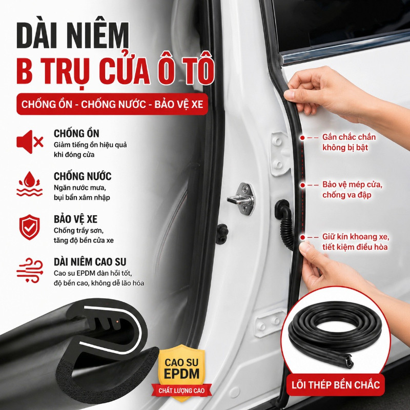 Bộ gioăng cao su hai mảnh cho mép cửa trụ B, dài 90cm, có lõi thép bên trong, chống bụi, cách âm và giảm tiếng ồn.