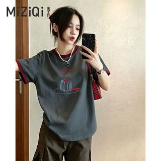 [MIZIQI] Áo thun ngắn tay Cotton nguyên chất màu tương phản dành cho nữ, Áo thun nữ dáng rộng thon gọn hơn