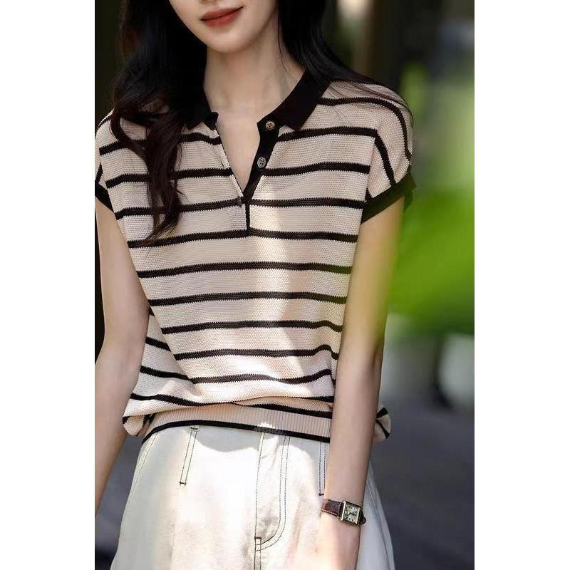 Nữ Mùa Hè Phong Cách Mới Đơn Giản Cao Cấp Cảm Giác Cổ POLO Sọc Áo Thun Ngắn Tay Dệt Kim, Áo Cơ Bản Ôm Hơn Tất Cả Trận Đấu, Thanh Lịch Sang Trọng Commu