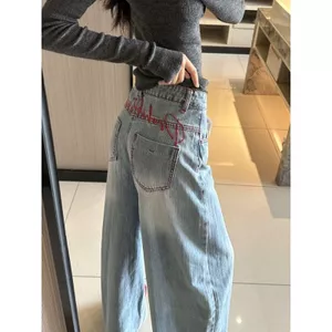Mùa hè eo cao dáng rộng dáng rộng dáng rộng phong cách Mỹ thêu Machete Quần jean ống rộng
