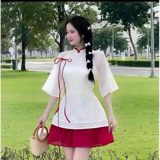 Set Áo Dài Cách Tân Cổ Tròn Thêu Hoa Đính Nơ Phối Chân Váy Xoè Chất Tơ Nến Trang Phục Diện Ngày Tết Ld_Store Fashion