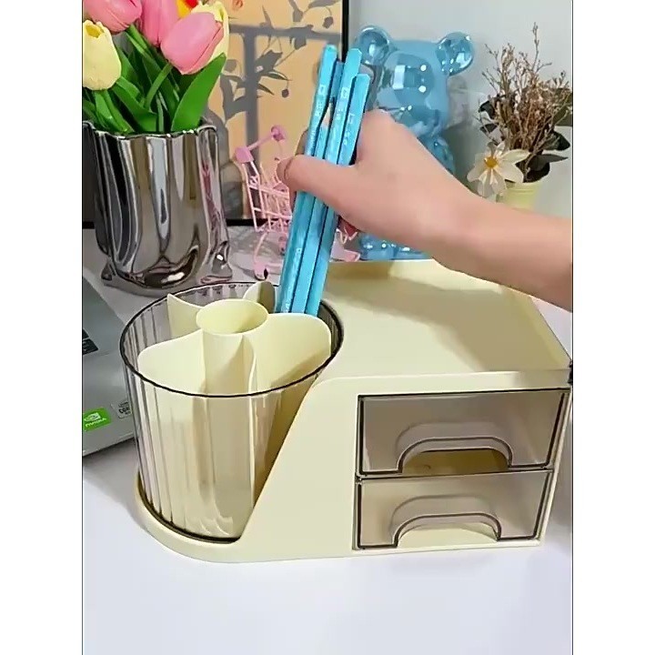 Hộp Đựng Bút Thông Minh Xoay 360° Kèm 2 Tầng Ngăn Kéo, Đựng Đồ Gọn Gàng, Tiện Dụng