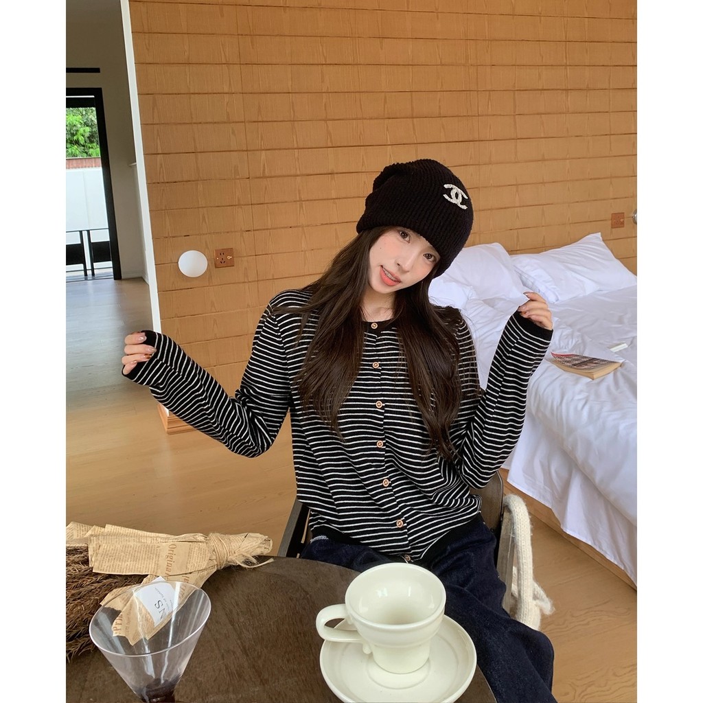 Thu Đông Màu Sắc Tương Phản Sọc Dệt Kim Dài Tay Cardigan Top Nữ Phong Cách Hàn Quốc Mùa Thu Mặc Áo Len Áo Khoác
