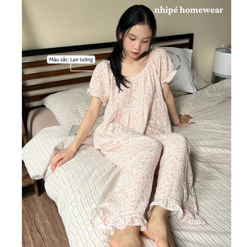 Bộ đồ xô tay bồng quần dài nhipé homewear nữ set đồ ngủ mặc nhà chất liệu xô muslin cao cấp mềm mịn mát họa tiết hoa