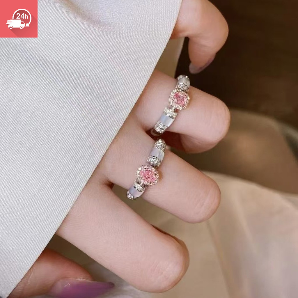 Phong cách mới Thời trang Phong cách Trung Quốc Màu hồng Hình học dát Zircon được cá nhân hóa Nhẫn nữ có thể điều chỉnh 100%.