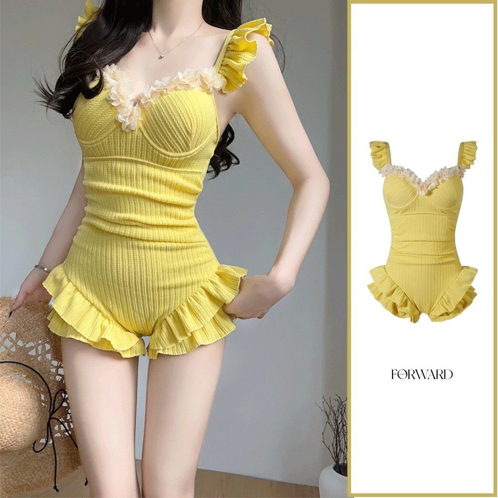 Bikini Liền Thân Màu Vàng Pastel Đính Hoa Trắng Dễ Thương - Đồ Bơi Một Mảnh Kín Đáo Tôn Dáng Phù Hợp Đi Biển Đi Hồ Bơi