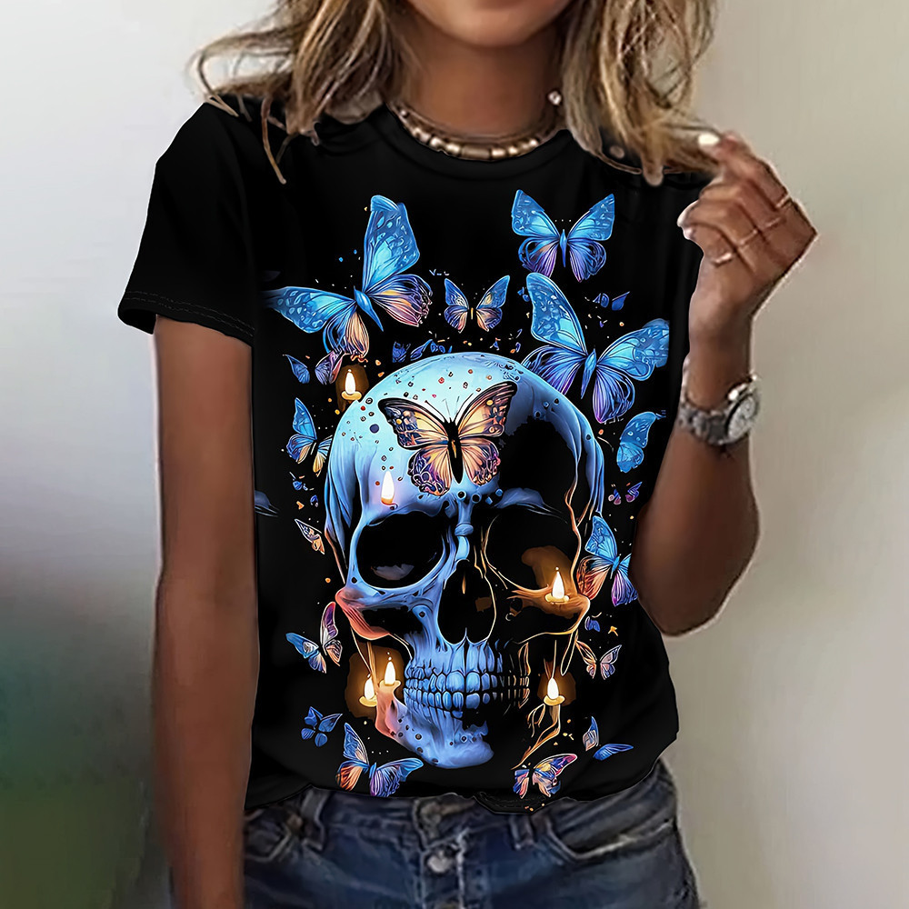 Áo thun nữ in hình đầu lâu & hoa hồng ngộ nghĩnh Hip Hop Gothic Harajuku Tay ngắn cổ chữ O