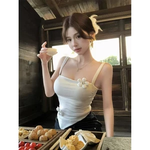 Mùa Hè Slim-fit Bên Trong Không Đều Hot Girl Mặc Ngoài Ngắn Đẹp Top Ba Chiều Hoa Trắng Camisole Nữ26031103