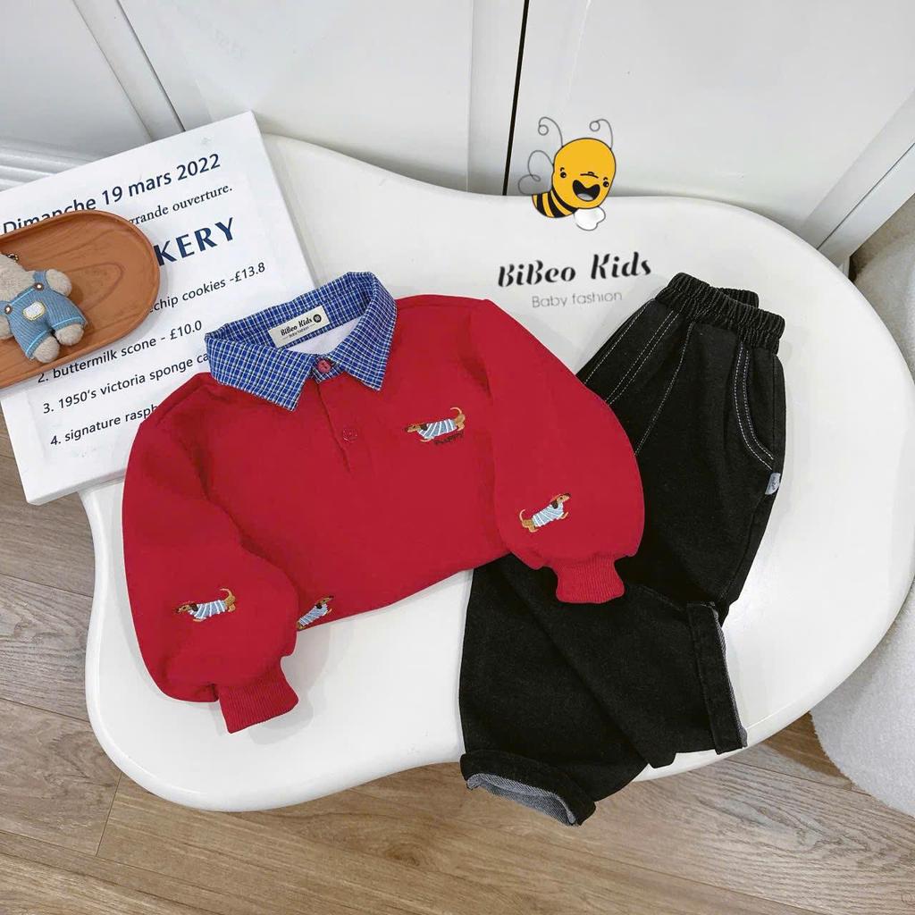 [BiBeo Kids] Bộ Quần Áo Nỉ Bé Trai Phối Áo Đỏ Cổ Sơ Mi Xanh Quần Giả Bò Đen – Set Dài Tay Thời Trang, Lịch Sự, Năng Động