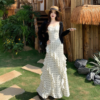 Đầm hai dây chấm bi kiểu Pháp, váy dự tiệc viền ren vạt bèo dáng thiết kế tiểu thư sang chảnh đi biển du lịch dạo phố