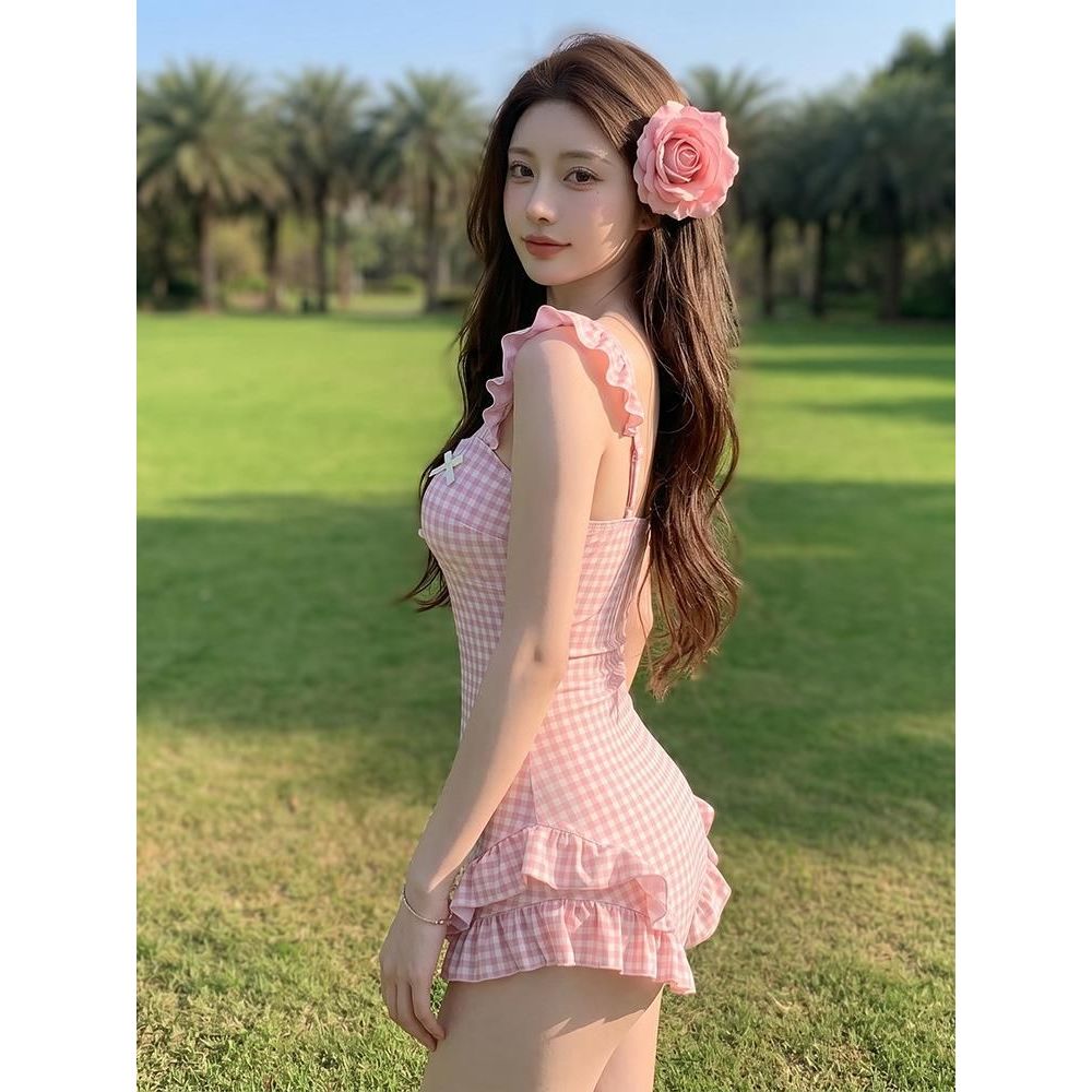 Đồ Bơi Nữ 1 Mảnh Kẻ CaRo Gingham Dễ Thương Áo Tắm Liền Thân Giấu Bụng Phối Nơ Rút Eo Tôn Dáng JUM CARO BÈO XANH VÀNG