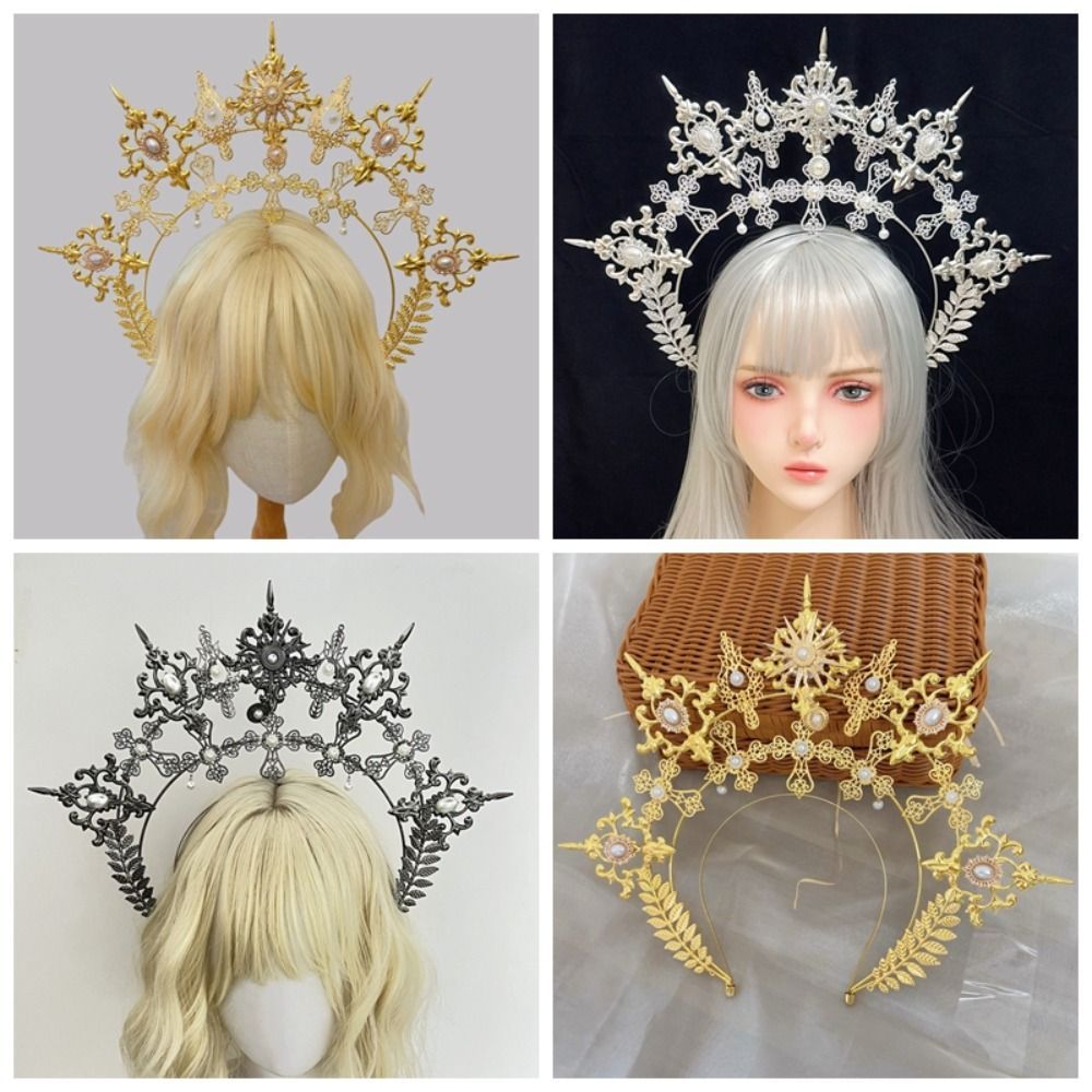 POYFOX Sun Goddess Crown, Chất liệu hợp kim kim kim loại dát ngọc trai giả Baroque Tiara Headband, Chi tiết chữ thập tinh tế Thiết kế gai nhọn mạ vàng
