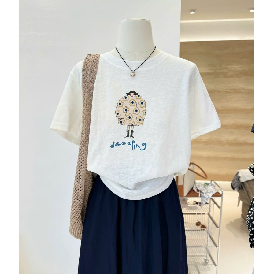 （Giao hàng 24h）Angela Áo thun nữ ngắn tay Vàng nhạt in hình dể thương Áo phông ngắn tay chất thun cotton mềm mát