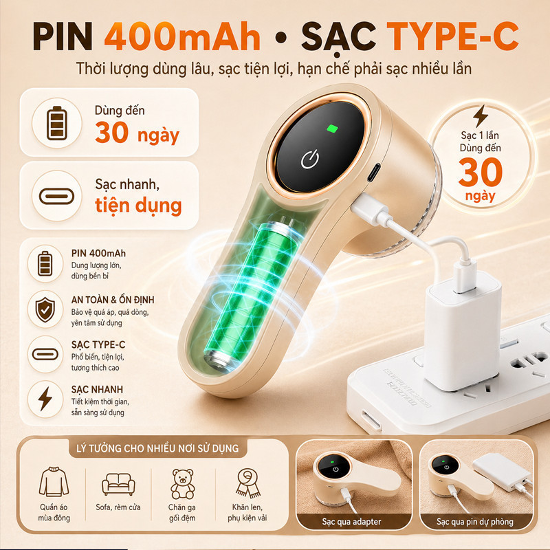 Máy Cắt Lông Xù Cầm Tay Sạc Điện – Nâng Cấp 6 Lưỡi, Màn Hình LED, Cắt Sạch Xơ Vải, Tặng Lưỡi Thay Thế