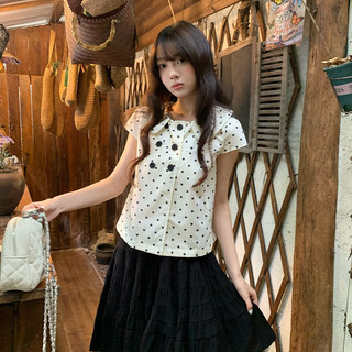 VM-Áo sơ mi nữ Áo sơ mi tay ngắn cổ sen  áo babydoll chấm bi phối 6 cúc lửng dáng vừa dễ thương