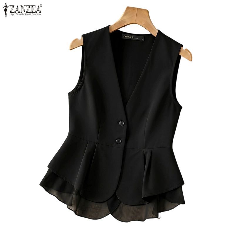 Áo Vest không tay cổ chữ V chắp vá màu trơn ZANZEA dành cho nữ Hàn Quốc