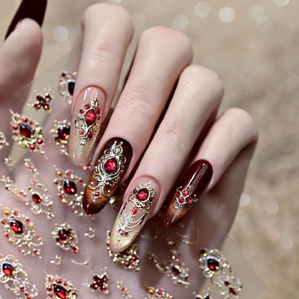 VVDZA 5D Dán Móng Tay, Thiết Kế Sang Trọng Ngọc Lục Bảo Màu Ruby Baroque Scepter Nail, Phong Cách Đỏ Đá Quý Xanh Đá Quý Vàng Scepter Shiny Giả Đá Quý Móng Tay Xmas Nail