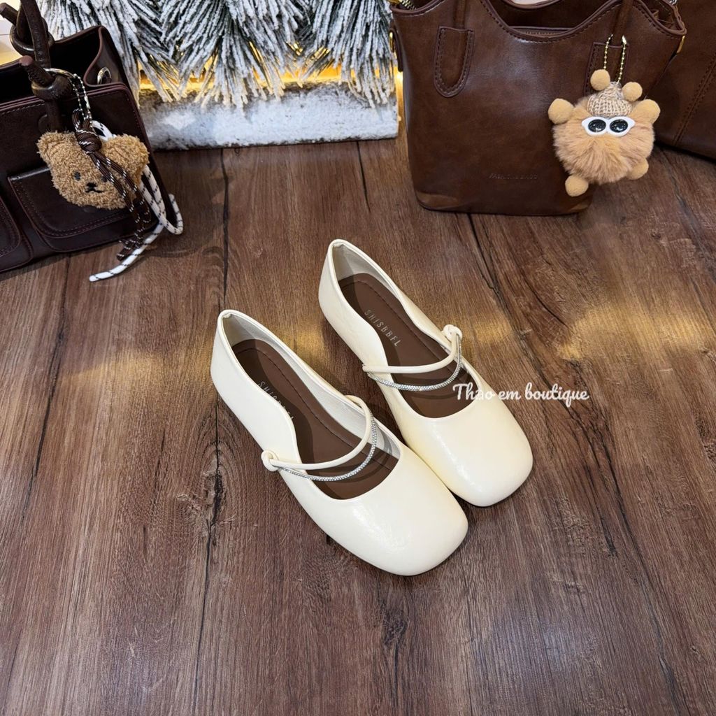 [Thảo Em - BB535] Giày búp bê marry jane mũi vuông  đế bệt da lì mềm 2 quai đính đá sang chảnh