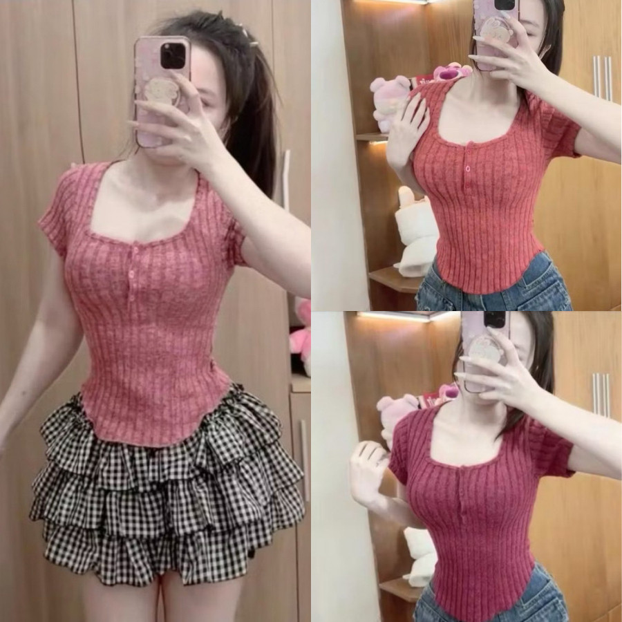 Áo thun cổ vuông gài nút cam đen xám đỏ đô xinh xinh VANISA CT159