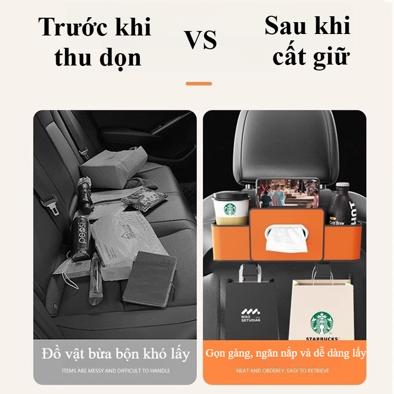 Hộp Đựng Đồ Đa Năng Treo Sau Ghế Ô Tô - Chất Liệu Da Cao Cấp, Kèm Khay Đựng & Móc Treo Tiện Lợi