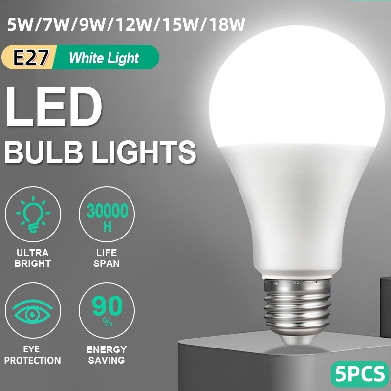 [Sẵn Sàng] 5 Bóng Đèn Led AC 220V E27 Bóng Đèn Trắng Bóng Đèn LED Tiết Kiệm Năng Lượng Cho Nhà 5W / 7W / 9W / 12W / 15W / 18W