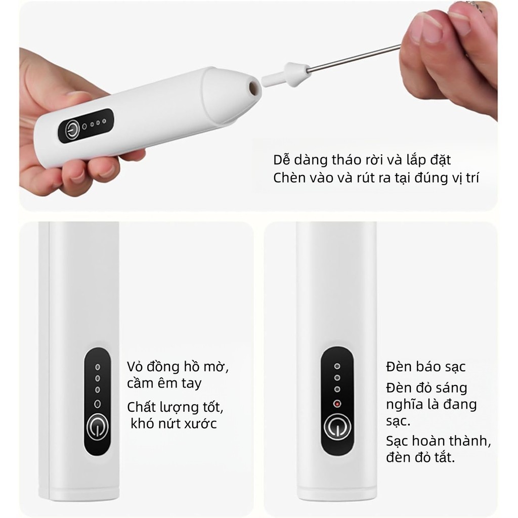 Máy đánh sữa cà phê sạc điện – 3 tốc độ, lò xo kép, cấp thực phẩm. Dùng cho cà phê, sữa, trứng, tiện lợi.