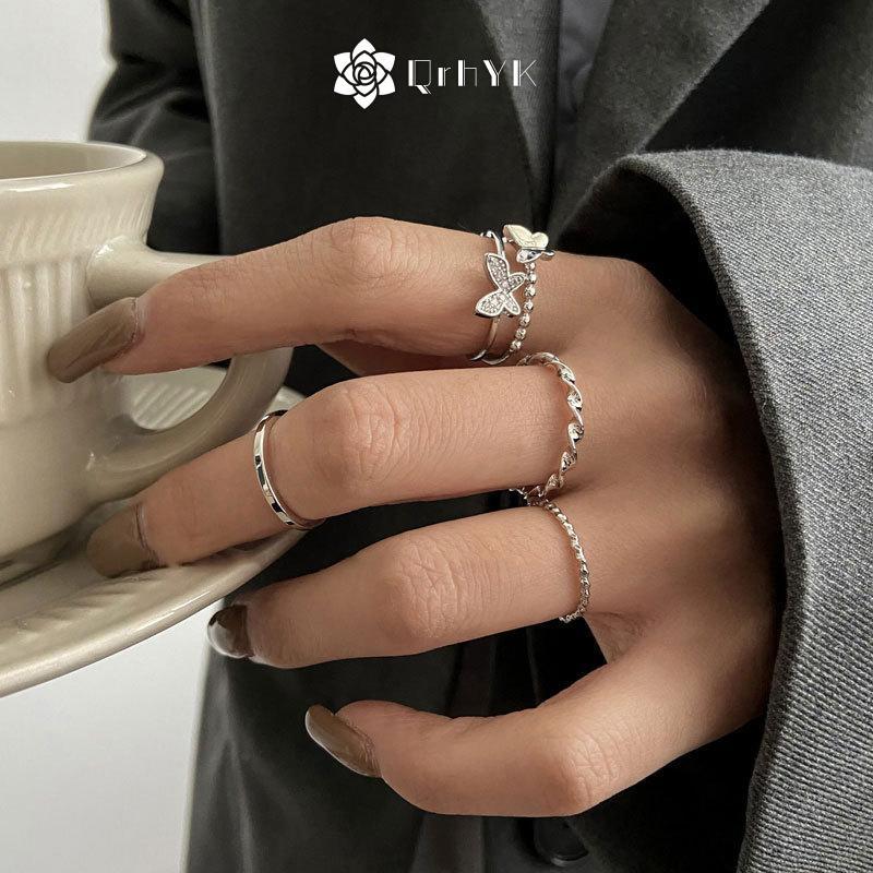 QrhYK 4 Bướm Xoắn Nhẫn Bộ Dành Cho Nữ Bé Gái Có Thể Điều Chỉnh Tối Giản Bộ Nhẫn Thanh Lịch Trang Sức Thời Trang Quà Tặng Hợp Thời Trang Mới