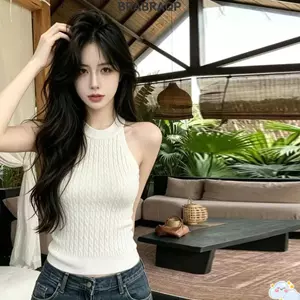 Áo hai dây dệt kim BRABRAA, áo bình màu trơn co giãn, áo Crop top cổ chữ O Slim Fit mùa hè