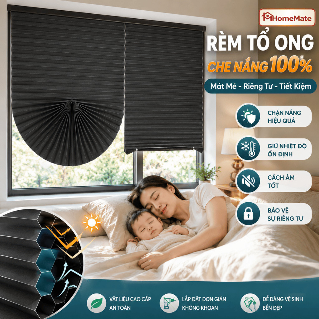 Rèm Cửa Sổ Chống Nắng Xếp Ly 2 Lớp HomeMate – Rèm Dán Tường Không Khoan, Vải Không Dệt Cách Nhiệt Cản Sáng