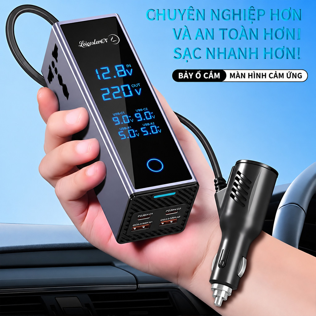 Bộ biến tần ô tô 300W chuyển đổi 12V sang 220V - Ổ cắm đa năng sạc nhanh trên xe hơi