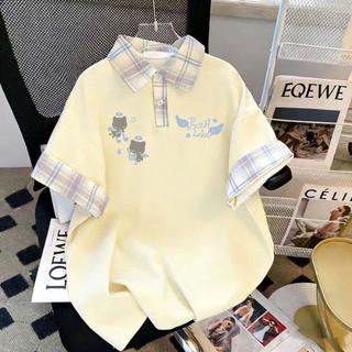 [Hàng mới về] Áo sơ mi POLO in hình hoạt hình dễ thương Áo thun ngắn tay mùa hè Phong cách Preppy Màu sắc tương phản Khâu ve áo