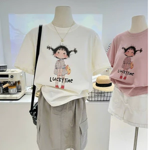 （Giao hàng 24h）Angela Áo thun nữ in hình chất cotton thời trang Angela, cổ tròn dáng rộng.