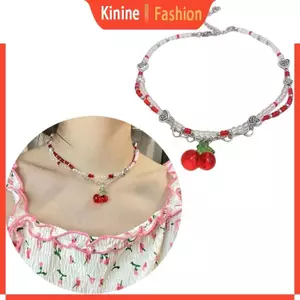 KIN Y2K Đỏ Anh Đào Trái Tim Đính Hạt Vòng Cổ Choker Nữ Bohemian Hạt Anh Đào Mặt Dây Chuyền Vòng Cổ Vintage Egirl Vòng Cổ Người Do Thái