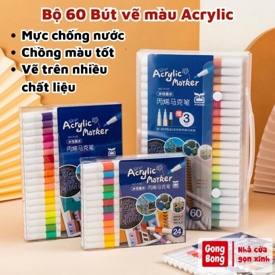 Bút màu acrylic marker 60 màu vẽ sơn chống nước bộ cọ vẽ trên mọi chất liệu bề mặt - Hộp bút màu 60 chi tiết