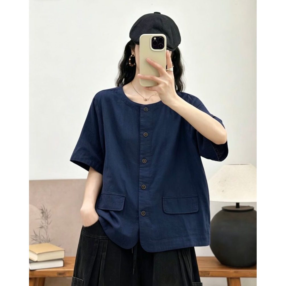 Áo Sơ Mi Nữ Cổ Đứng Tay Ngắn Màu Trơn Sợi Cotton Cao Cấp Túi Lớn
