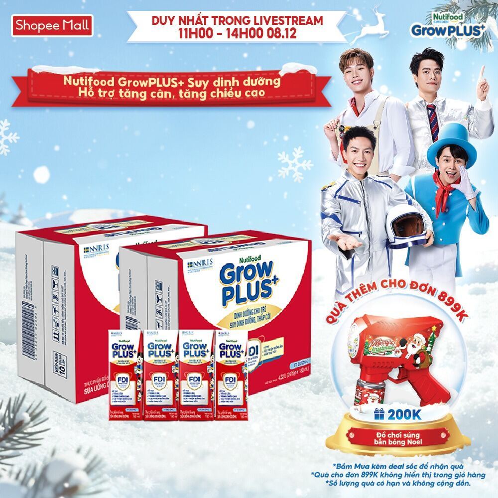 Thùng SBPS Nutifood GrowPLUS+ ít đường Suy Dinh Dưỡng - Tăng Cân, Tăng Chiều Cao (48 Hộp x 180ml) (Bao bì tùy lô hàng)