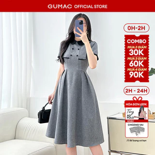Đầm nữ GUMAC A xòe màu xám phối lá cổ đen vải bố cotton tiểu thư thanh lịch  LDF0507