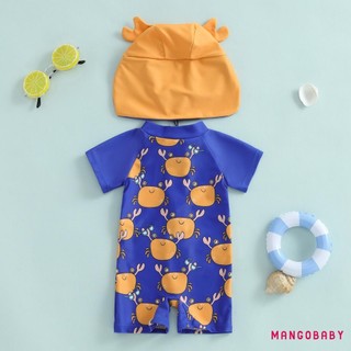 MG-Toddler Bé Trai Rash Guard Đồ Bơi In Hình Cua Tay Ngắn Mock Cổ Zip Bộ Đồ Tắm Có Mũ Bơi