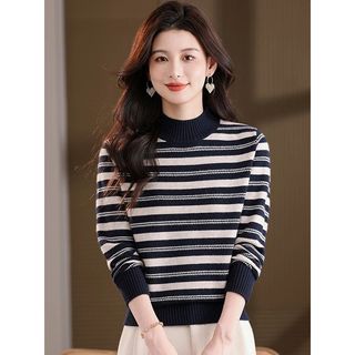 Áo len dệt kim sọc dài tay nữ thu đông Áo len nửa cổ cao Loo